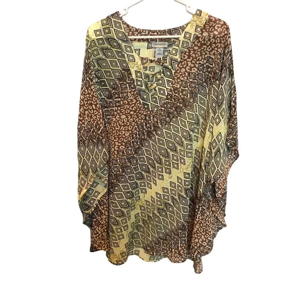 Catherines Tunic Blouse light weight, black yellow and brown print v-neck 1X